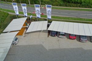 Carports Senioren-Wohnstift Bonn Bornheim Stahlbau Träger gekrümmt Glasdach